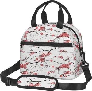 Flower Theme,Insulated Reusable Lunch Bag Adult Large Lunch Box for Women and Men,Illustration of Cherry Blossom Branches,Adjustable Shoulder Strap,Front Zipper Pocket,Red Black