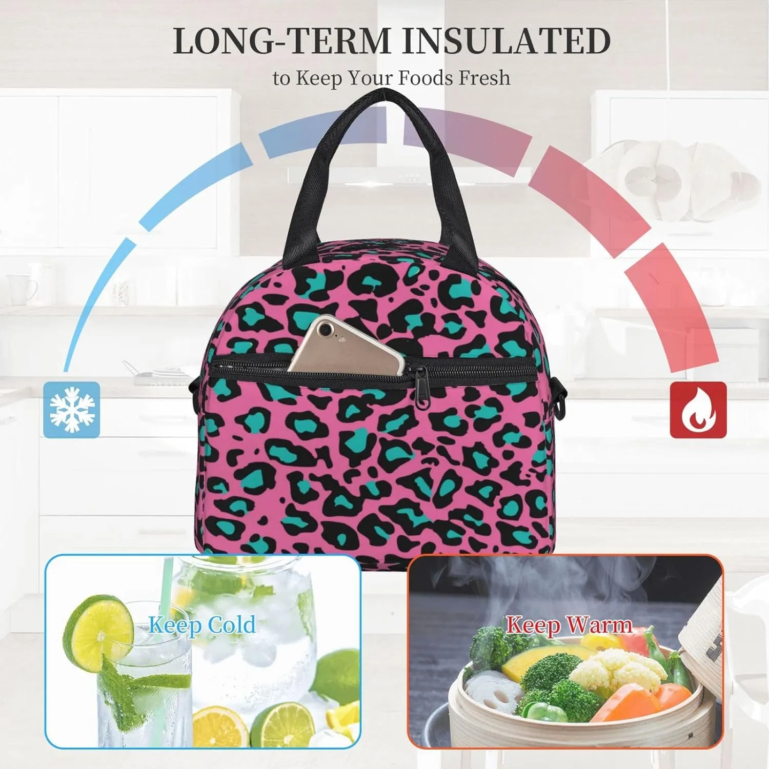 Flower Theme,Insulated Reusable Lunch Bag Adult Large Lunch Box for Women and Men,Illustration of Cherry Blossom Branches,Adjustable Shoulder Strap,Front Zipper Pocket,Red Black