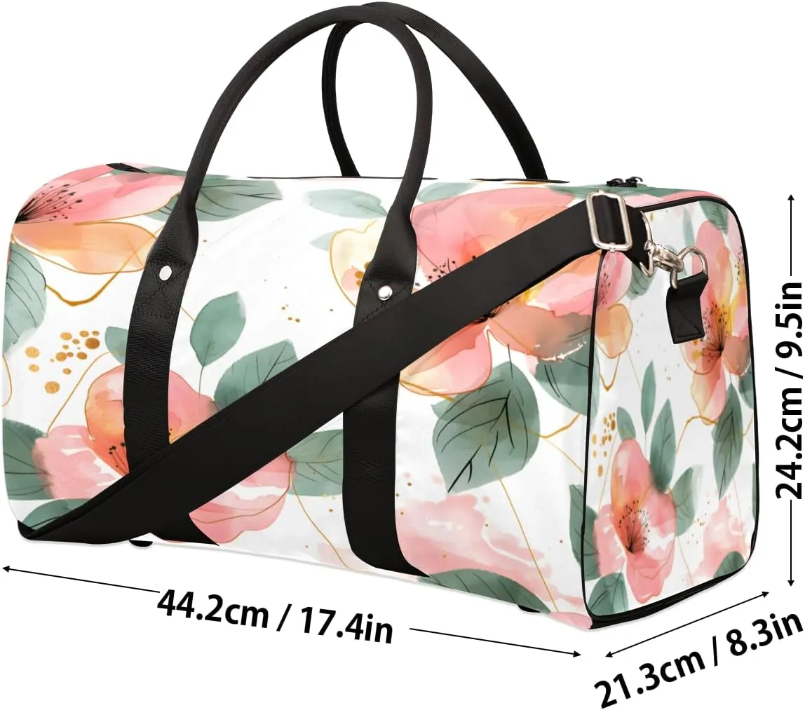 Flower Travel Duffle Bag, Sports Gym Bags for Women Men, Carry On Weekender Overnight Bag, Pink Flower Workout Hospital Airplane Trips Bag