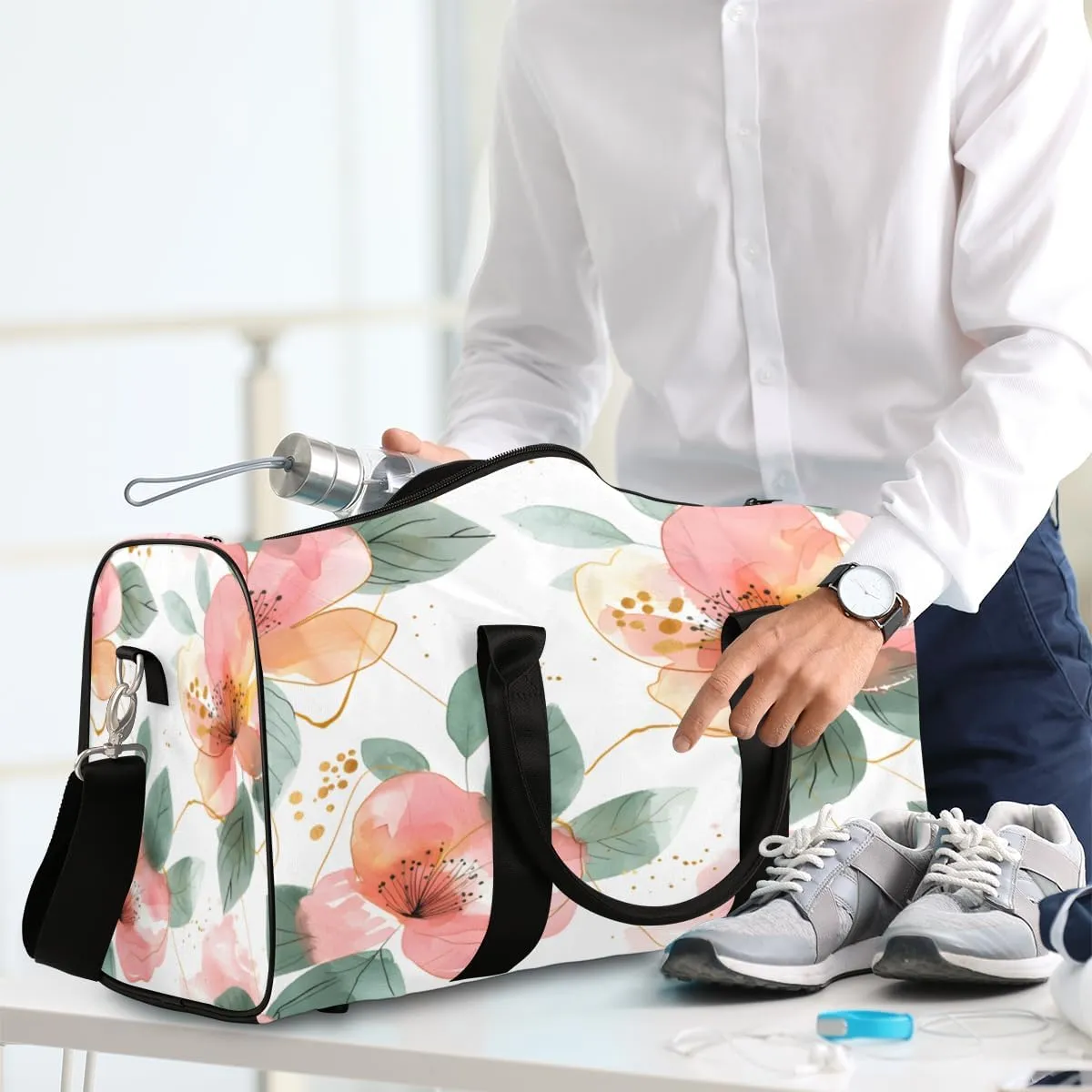 Flower Travel Duffle Bag, Sports Gym Bags for Women Men, Carry On Weekender Overnight Bag, Pink Flower Workout Hospital Airplane Trips Bag