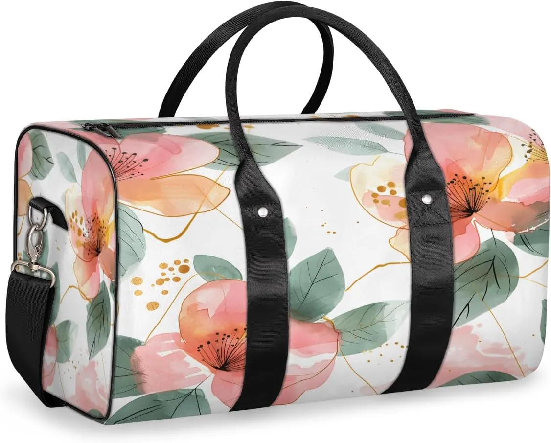 Flower Travel Duffle Bag, Sports Gym Bags for Women Men, Carry On Weekender Overnight Bag, Pink Flower Workout Hospital Airplane Trips Bag
