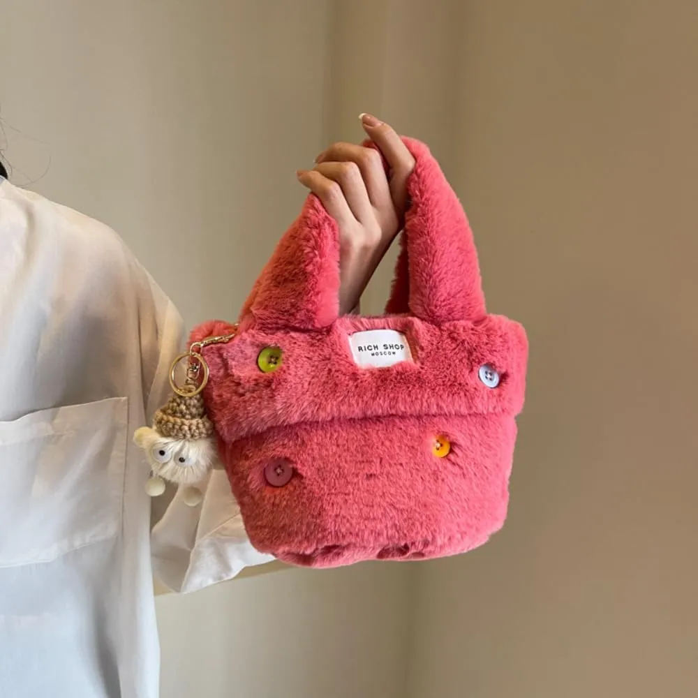 Fluffy Handbag for Women Autumn and Winter Fashion Niche Single Shoulder Crossbody Bag Button Hair Bucket Bag