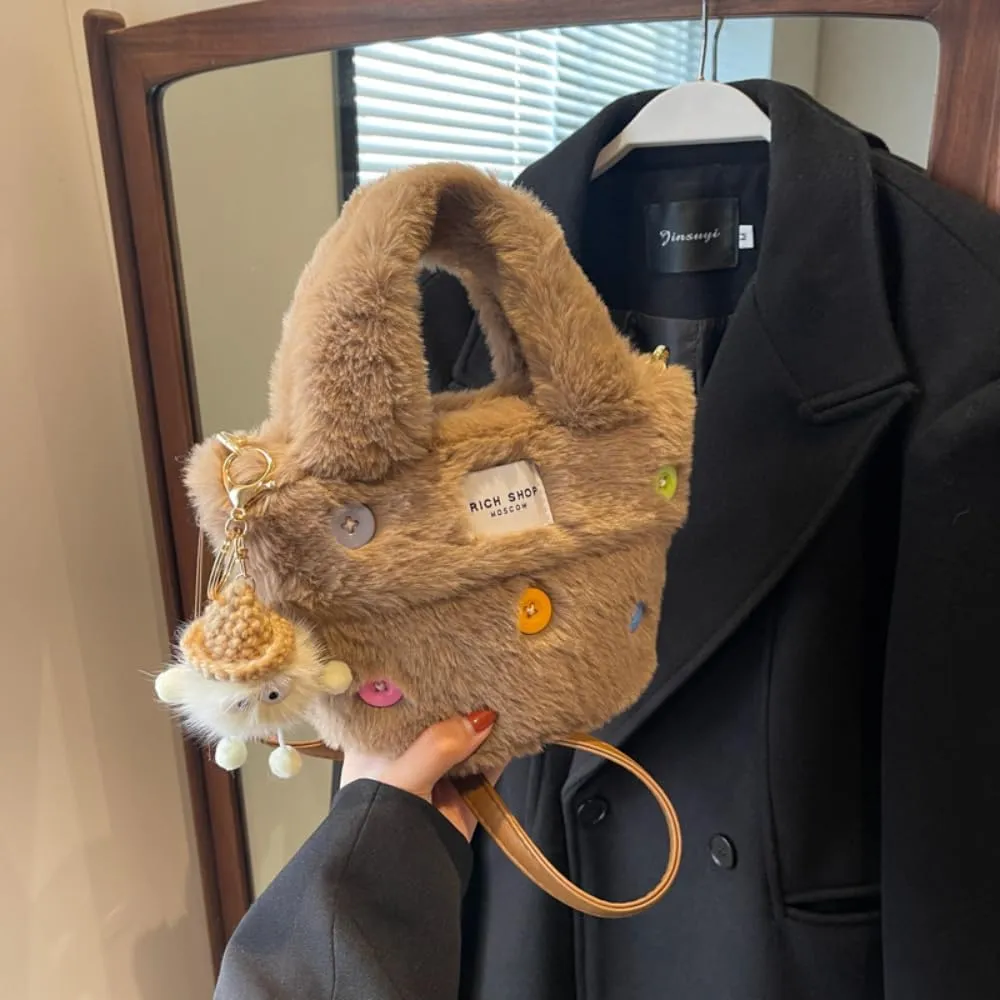 Fluffy Handbag for Women Autumn and Winter Fashion Niche Single Shoulder Crossbody Bag Button Hair Bucket Bag