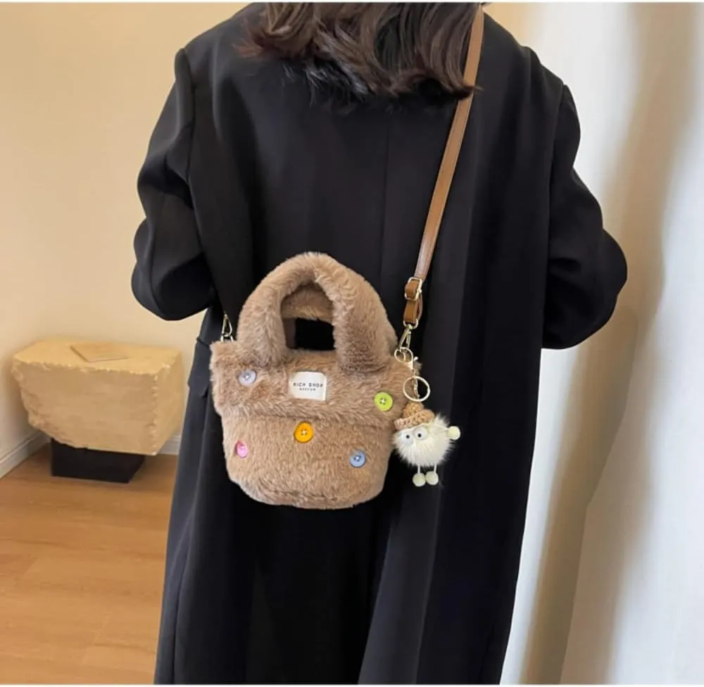 Fluffy Handbag for Women Autumn and Winter Fashion Niche Single Shoulder Crossbody Bag Button Hair Bucket Bag
