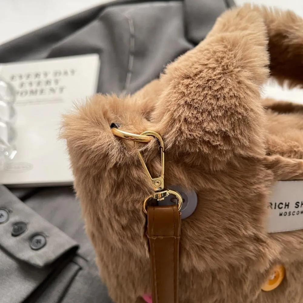 Fluffy Handbag for Women Autumn and Winter Fashion Niche Single Shoulder Crossbody Bag Button Hair Bucket Bag