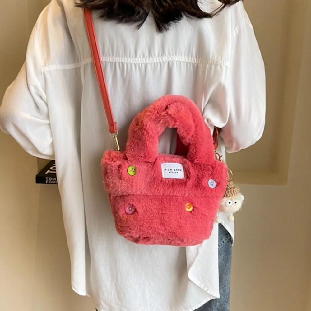 Fluffy Handbag for Women Autumn and Winter Fashion Niche Single Shoulder Crossbody Bag Button Hair Bucket Bag