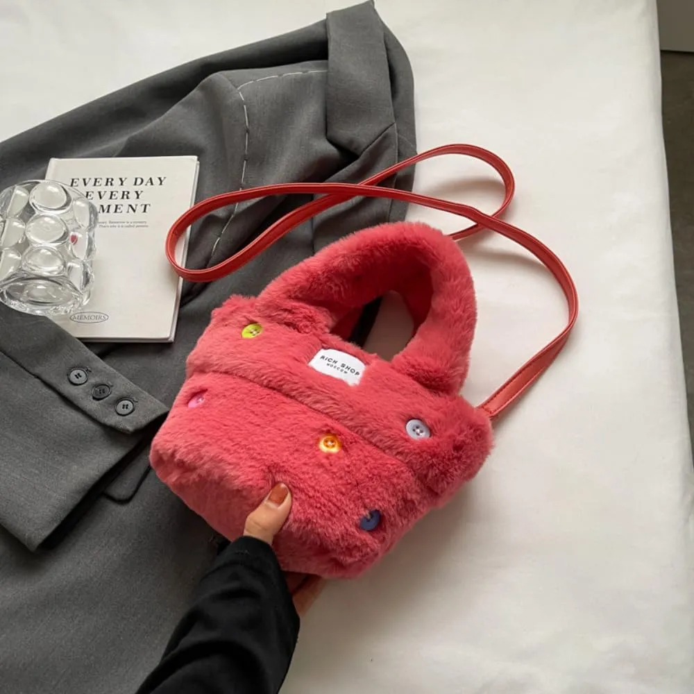 Fluffy Handbag for Women Autumn and Winter Fashion Niche Single Shoulder Crossbody Bag Button Hair Bucket Bag