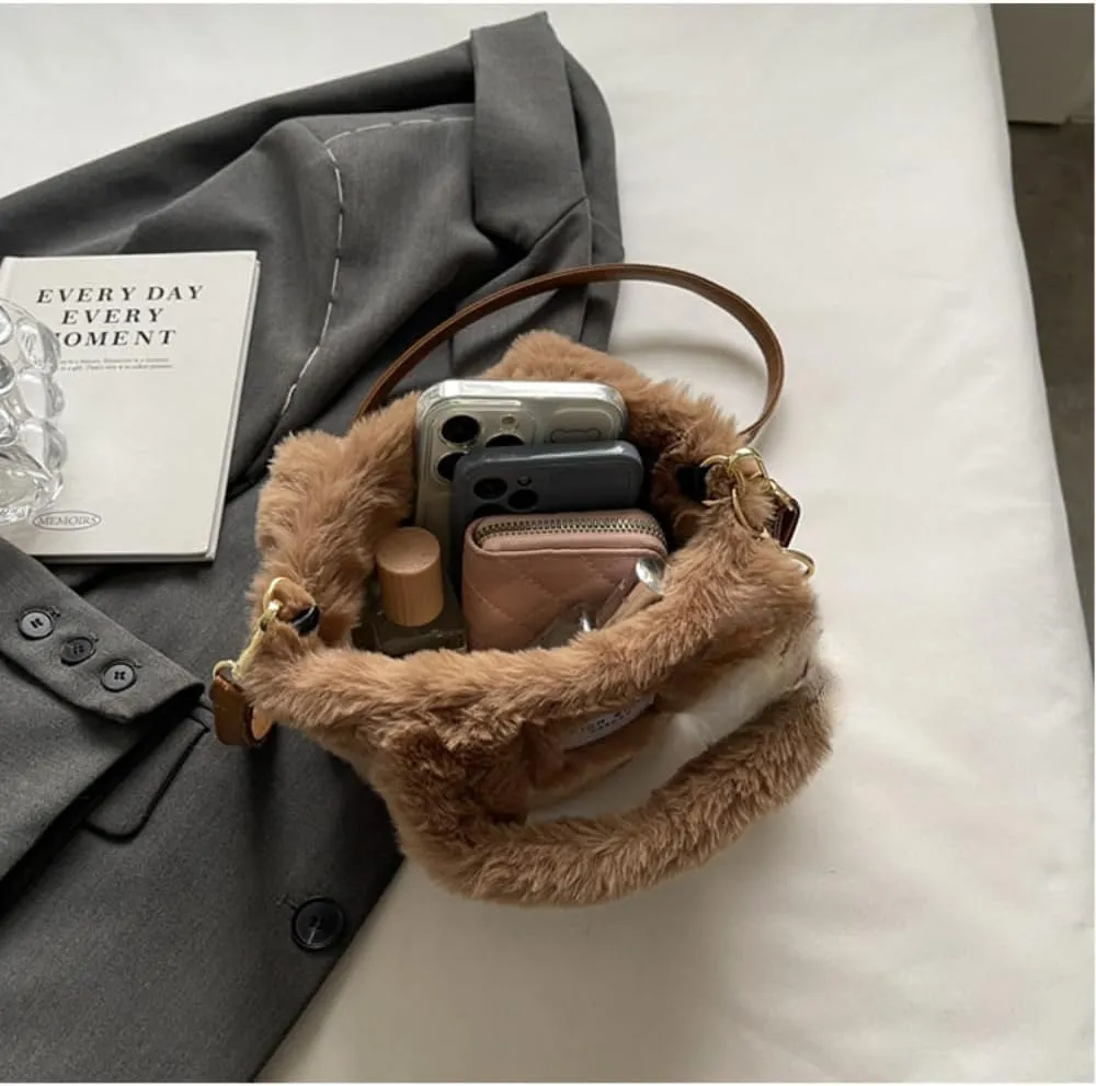 Fluffy Handbag for Women Autumn and Winter Fashion Niche Single Shoulder Crossbody Bag Button Hair Bucket Bag