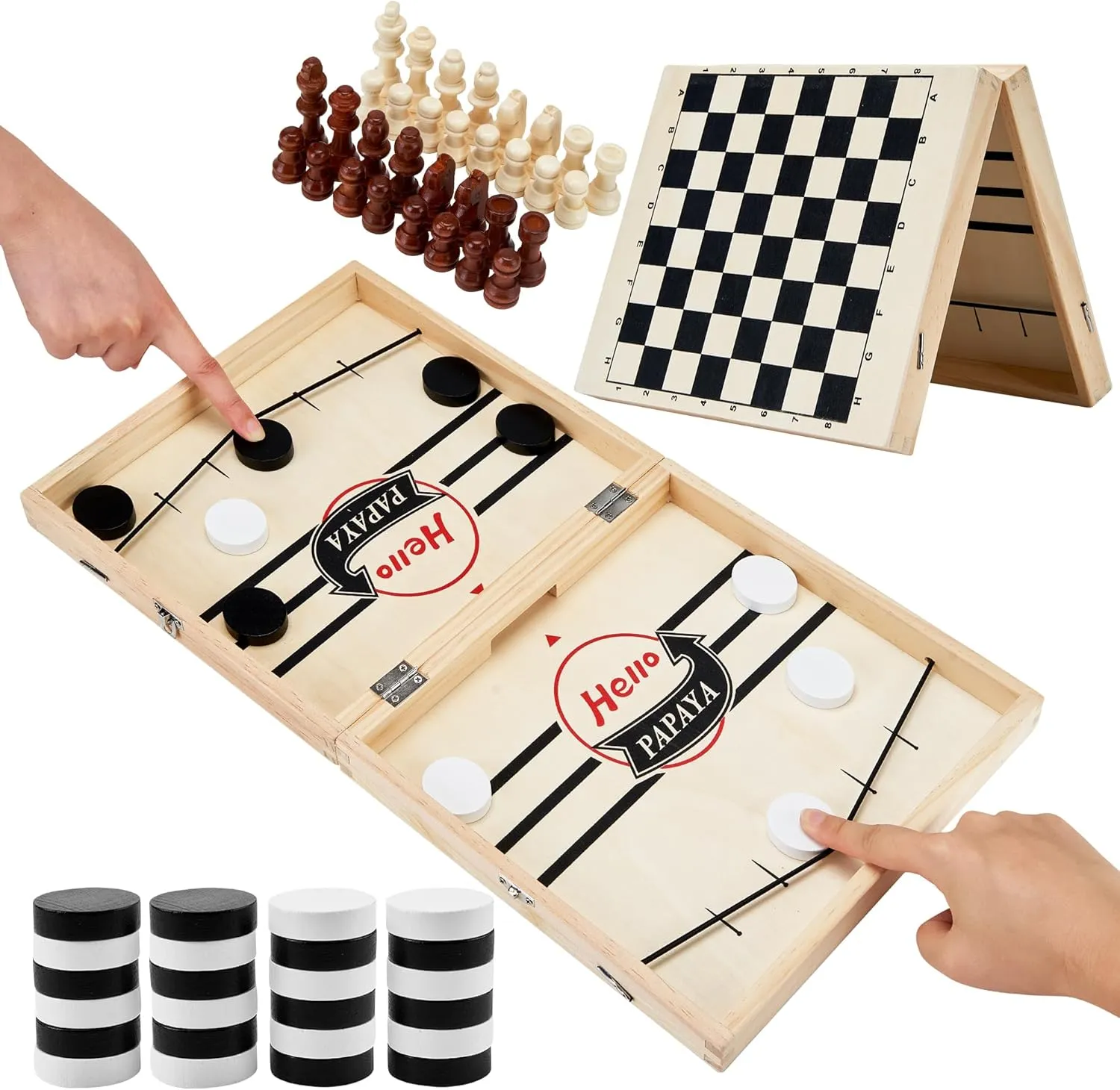 Foldable Fast Sling Puck Game with Chess Board and Checkers Board, Tic Tac Toe. Wooden Air Hockey Family Night,Table Games Gifts for Adults and Kids