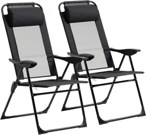 Folding Patio Chairs Set of 2, Outdoor Deck Chair with Adjustable Sling Back, Camping Chair with Removable Headrest for Garden, Backyard, Lawn, Black