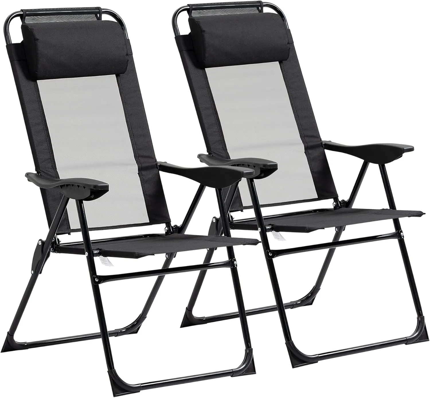 Folding Patio Chairs Set of 2, Outdoor Deck Chair with Adjustable Sling Back, Camping Chair with Removable Headrest for Garden, Backyard, Lawn, Black