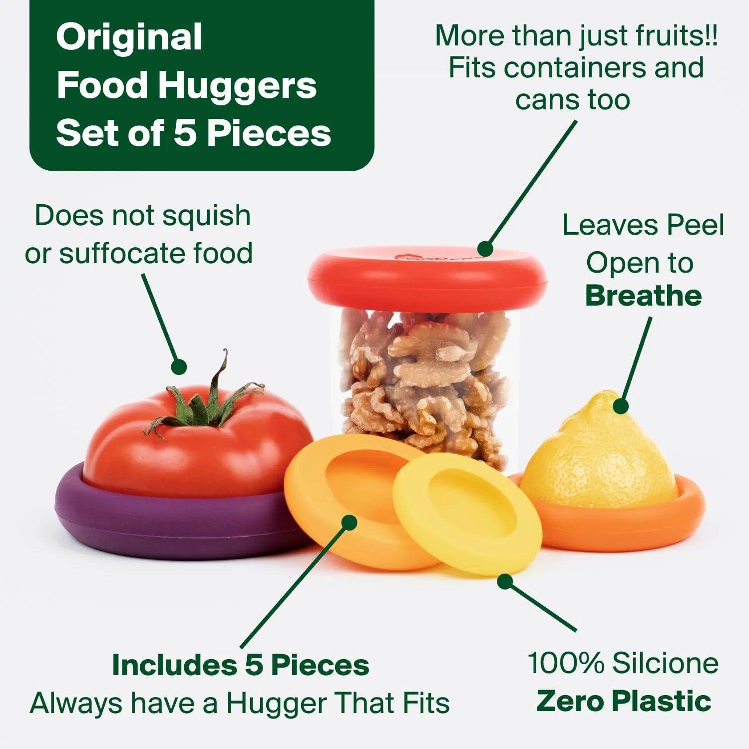 Food Huggers 5pc Reusable Silicone Food Savers | BPA Free & Dishwasher Safe | Fruit & Vegetable Produce Storage for Onion, Tomato, Lemon, Banana, Cans & More | Round, Autumn Harvest