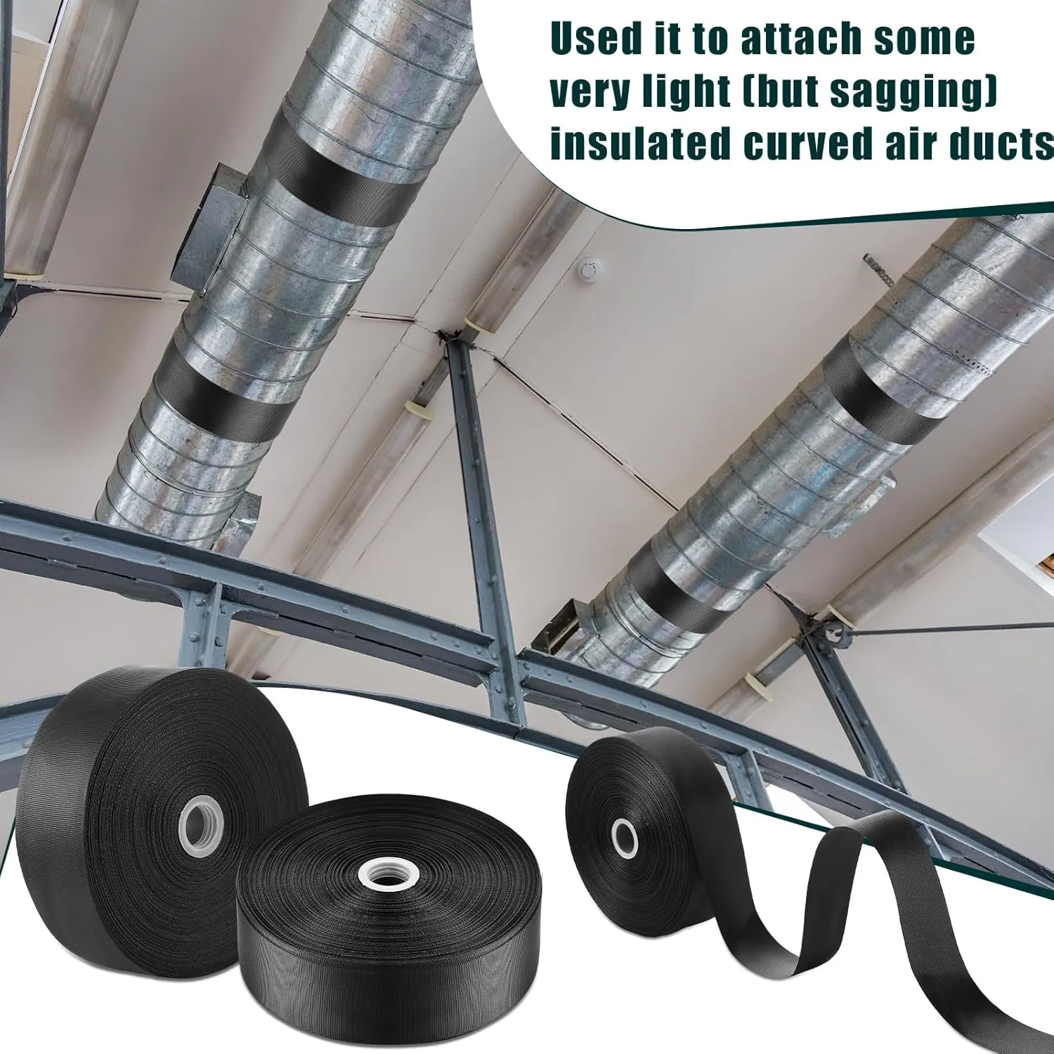 Frienda 2 Rolls Duct Strap Duct Support Webbing Wide Webbing Strap Support Belt Heavy Duty(300 ft X 1.97 Inch,Black)