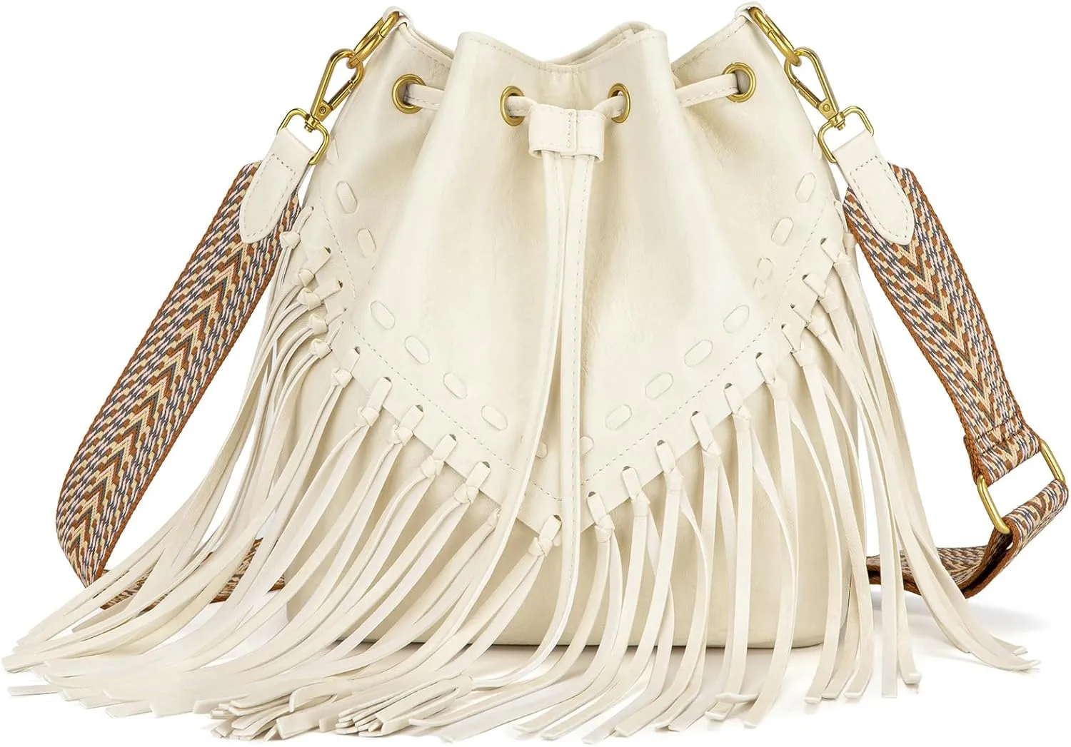 Fringe Bucket Bag and Western Hobo Purse for Women Suede Leather Handbags with Crossbody Guitar Strap