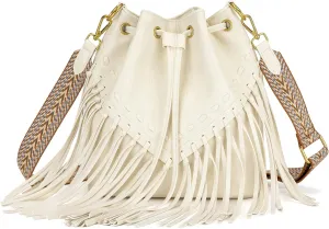Fringe Bucket Bag and Western Hobo Purse for Women Suede Leather Handbags with Crossbody Guitar Strap