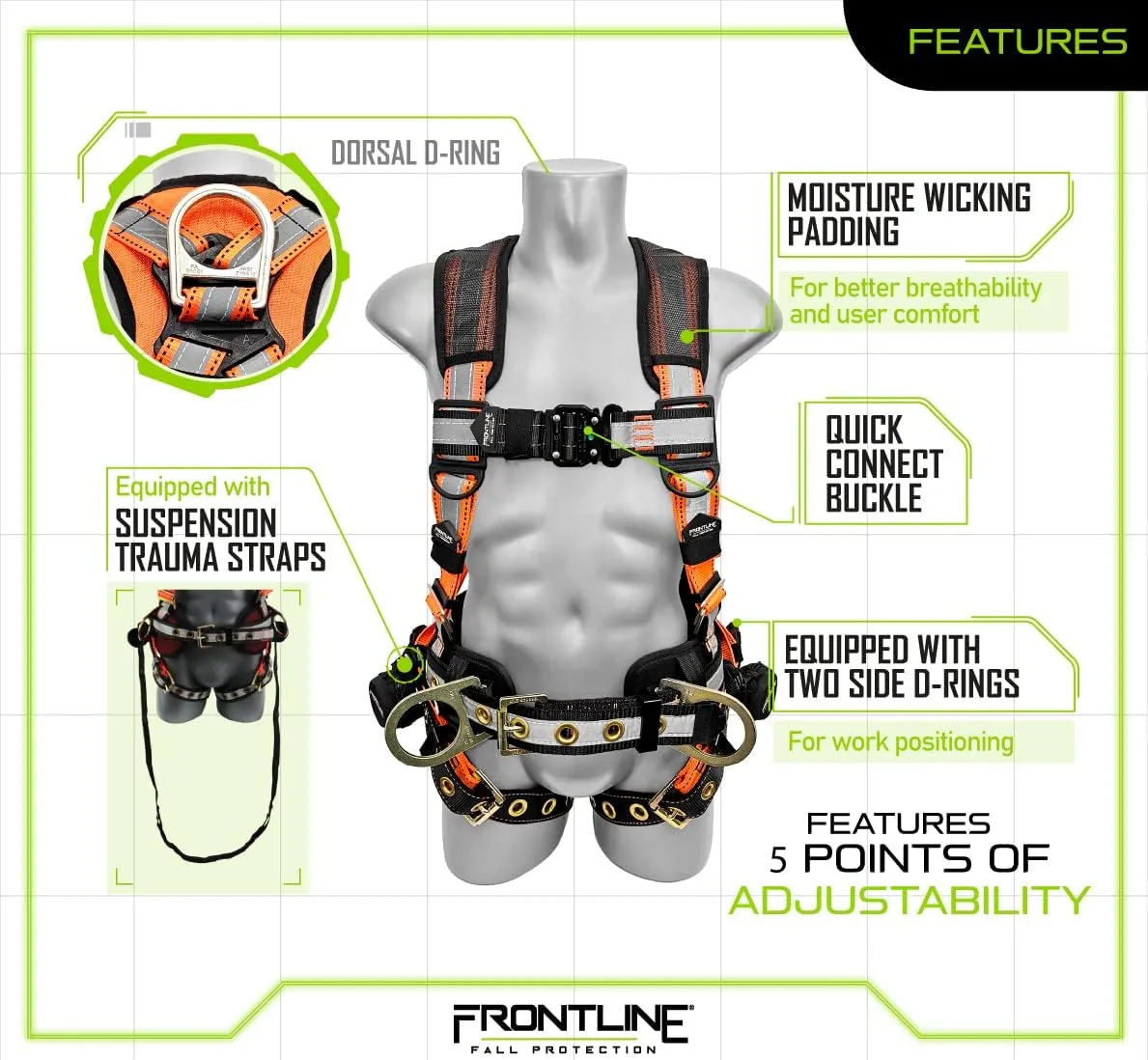 FRONTLINE FALL PROTECTION Harnesses   D-Ring  Multiple Styles   OSHA and ANSI compliant