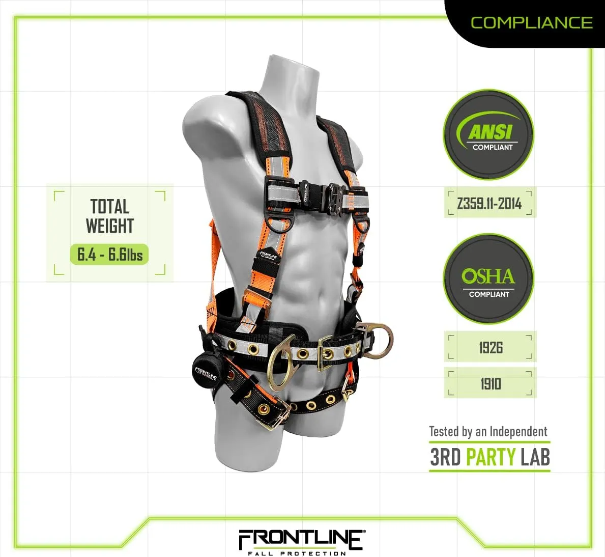 FRONTLINE FALL PROTECTION Harnesses   D-Ring  Multiple Styles   OSHA and ANSI compliant