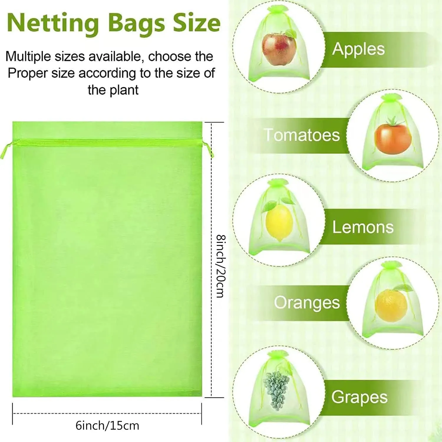 Fruit Protection Bags, RIFNY 100 Pcs 6 x 8 Inch Green Mesh Fruit Netting Bag for Fruit Trees, Fruit Cover Net Bags with Drawstring for Grape Apple Mango Peach Protect from Insect Birds Squirrels