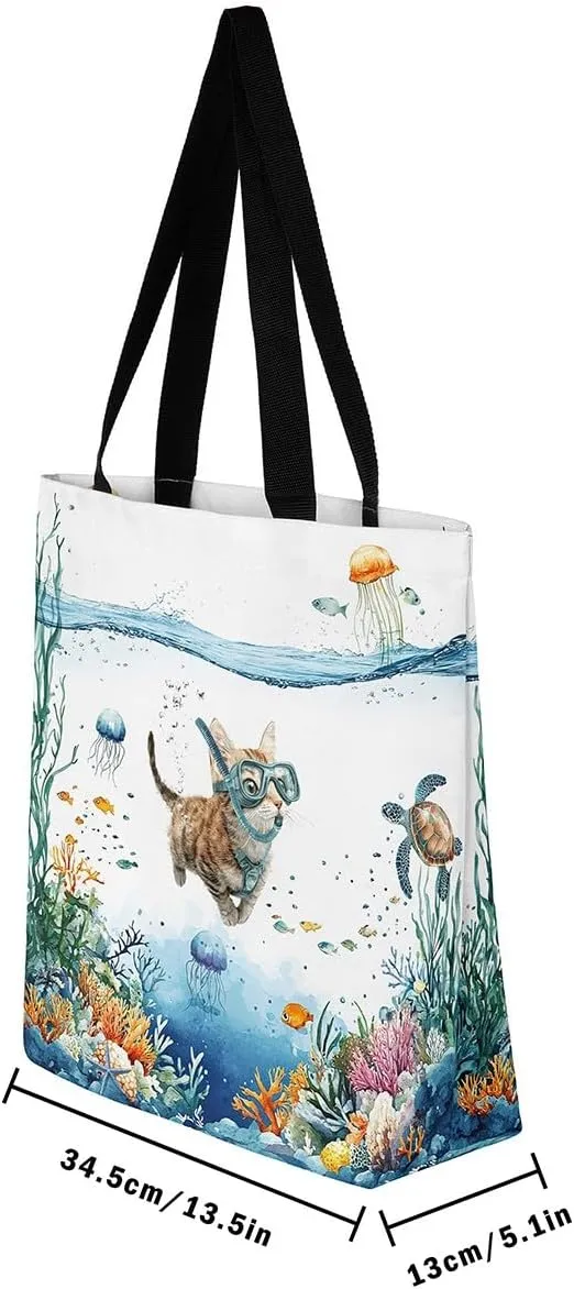 Funny Axolotl Canvas Tote Bag for Women,Kids Sea Turtle Jellyfish Coastal Large Shoulder Bag