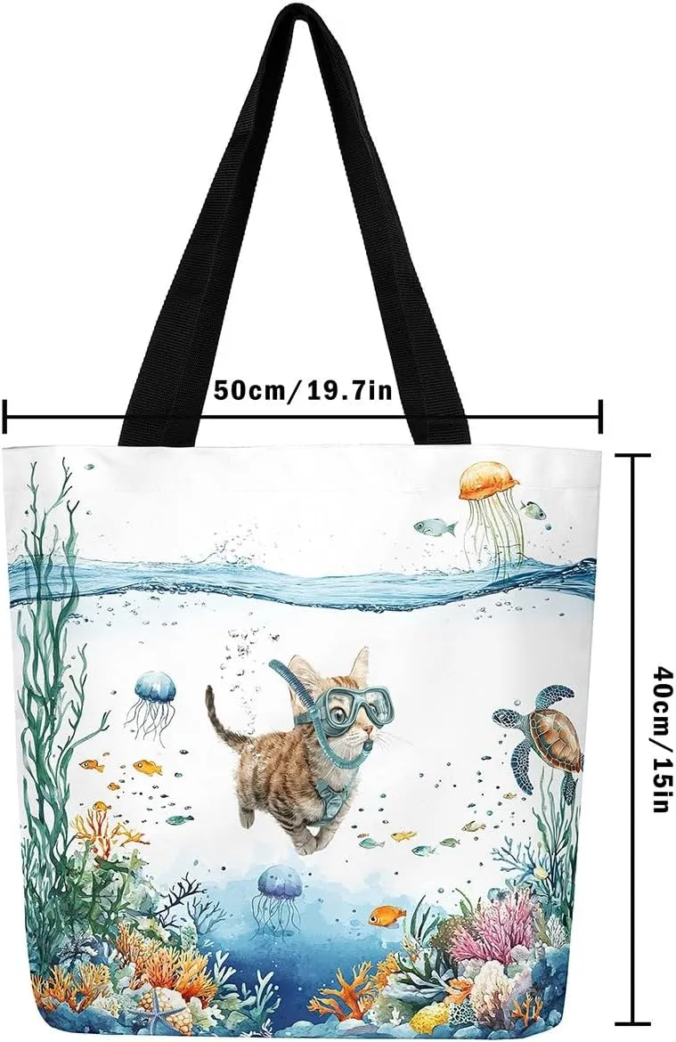 Funny Axolotl Canvas Tote Bag for Women,Kids Sea Turtle Jellyfish Coastal Large Shoulder Bag