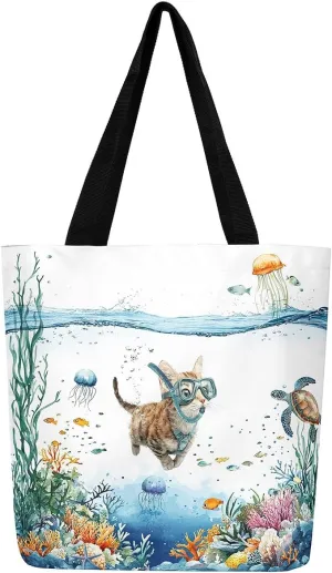 Funny Axolotl Canvas Tote Bag for Women,Kids Sea Turtle Jellyfish Coastal Large Shoulder Bag