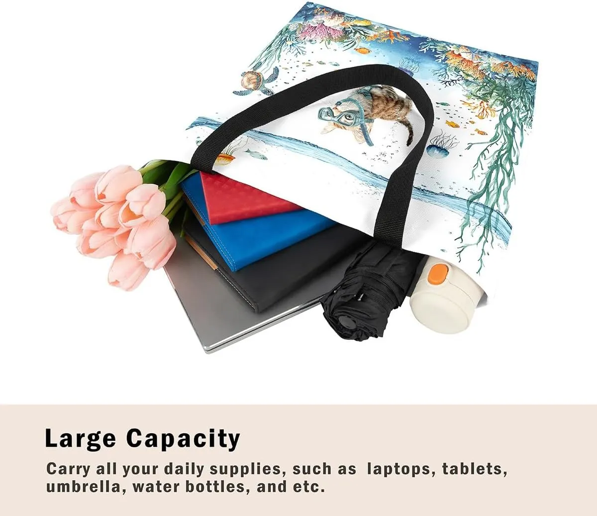 Funny Axolotl Canvas Tote Bag for Women,Kids Sea Turtle Jellyfish Coastal Large Shoulder Bag