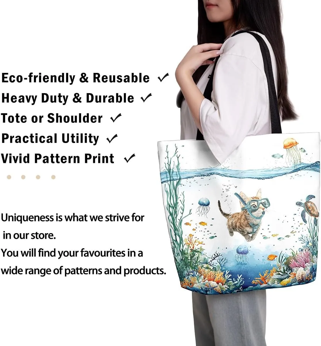 Funny Axolotl Canvas Tote Bag for Women,Kids Sea Turtle Jellyfish Coastal Large Shoulder Bag