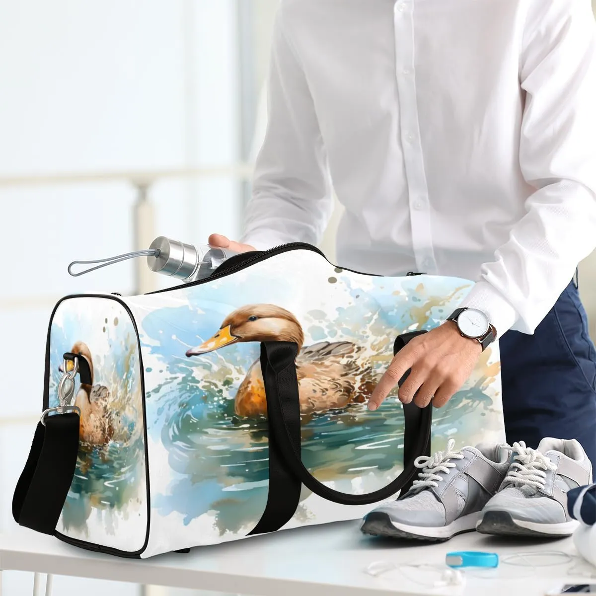 Funny Duck Travel Duffle Bag, Sports Gym Bags for Women Men, Carry On Weekender Overnight Workout Airplane Trips Bag