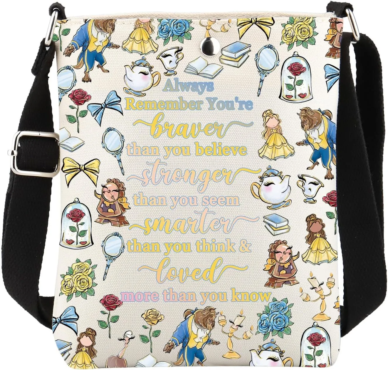 FUSTMW Beauty Beast Gifts Fairytale Crossbody Bag Princess Fans Gift Cross Body Bucket Bag with Adjustable Strap