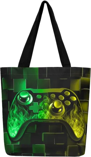 Gamer Canvas Tote Bag Neon Cubes Foldable Beach Bag,Geometry Block Gaming Casual Reusable Handbag