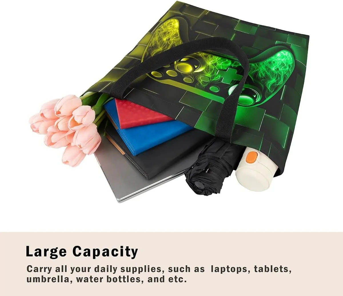Gamer Canvas Tote Bag Neon Cubes Foldable Beach Bag,Geometry Block Gaming Casual Reusable Handbag