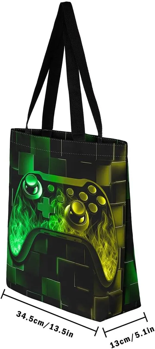 Gamer Canvas Tote Bag Neon Cubes Foldable Beach Bag,Geometry Block Gaming Casual Reusable Handbag