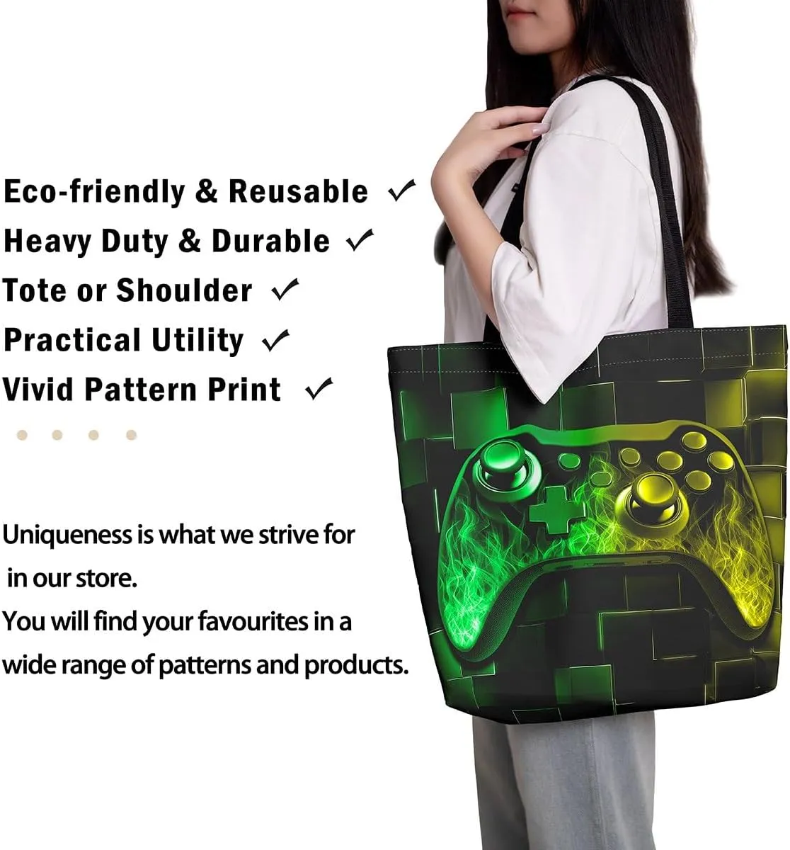 Gamer Canvas Tote Bag Neon Cubes Foldable Beach Bag,Geometry Block Gaming Casual Reusable Handbag