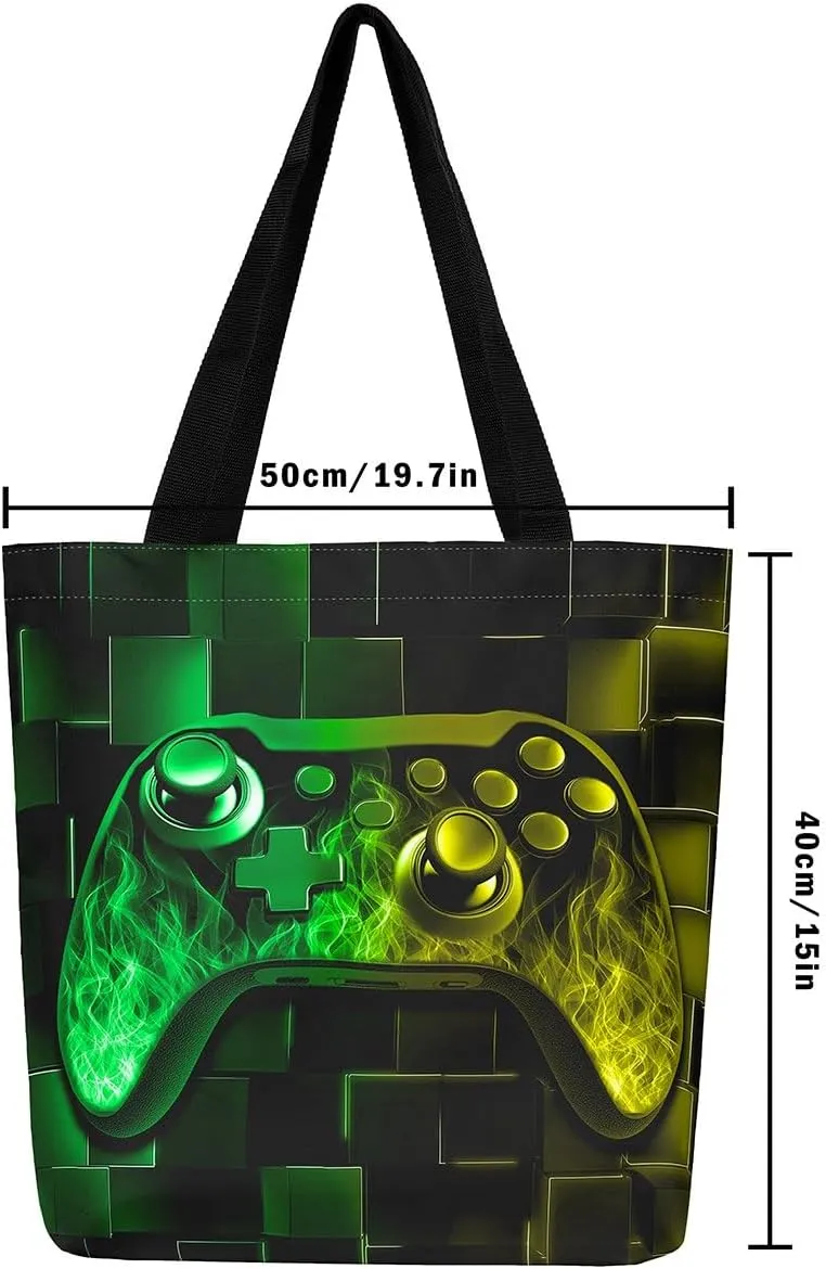 Gamer Canvas Tote Bag Neon Cubes Foldable Beach Bag,Geometry Block Gaming Casual Reusable Handbag