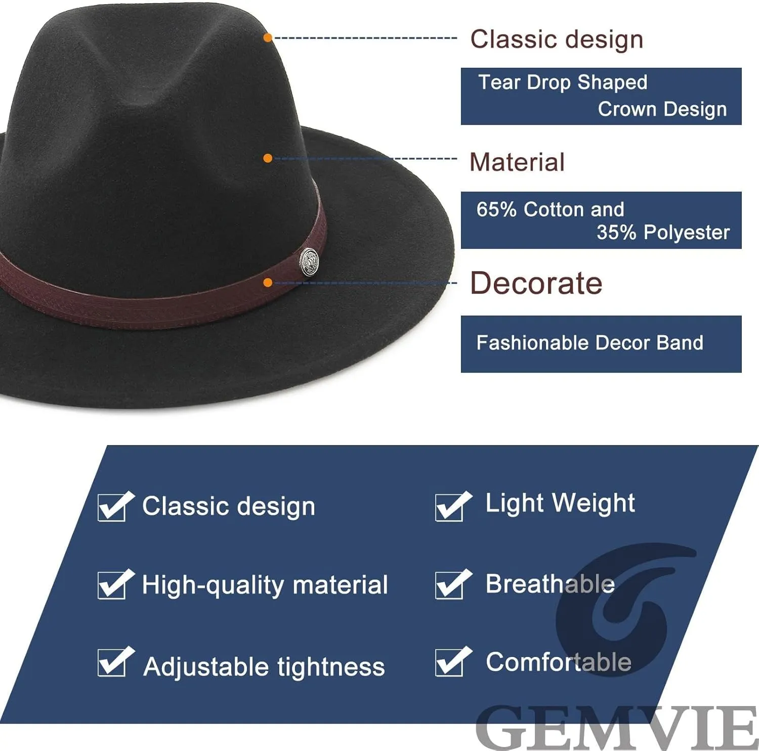 GEMVIE Women & Men Multi-Color Fedora Hat Wide Brim Floppy Panama Hat with Belt Buckle