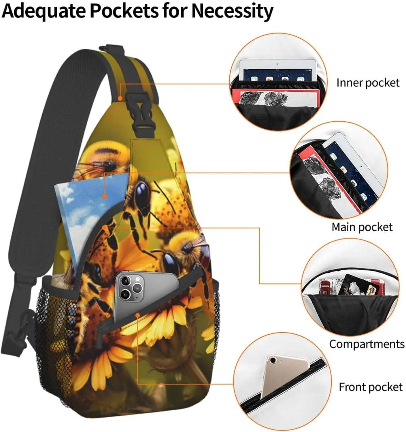 GeRRiT Rural Honey Bees Flowers Print Small Backpack Sling Bag For Women Men, Chest Bag Daypack Crossbody For Travel Sport