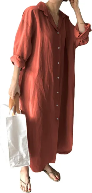 GGUHHU Womens Chic Button Down Rolled-Up Sleeve Long Cotton Blouse Maxi Dress