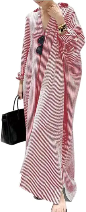 GGUHHU Womens Oversize Casual Maxi Striped Cotton Shirt Dress Loose Button Down Long Blouse Dresses
