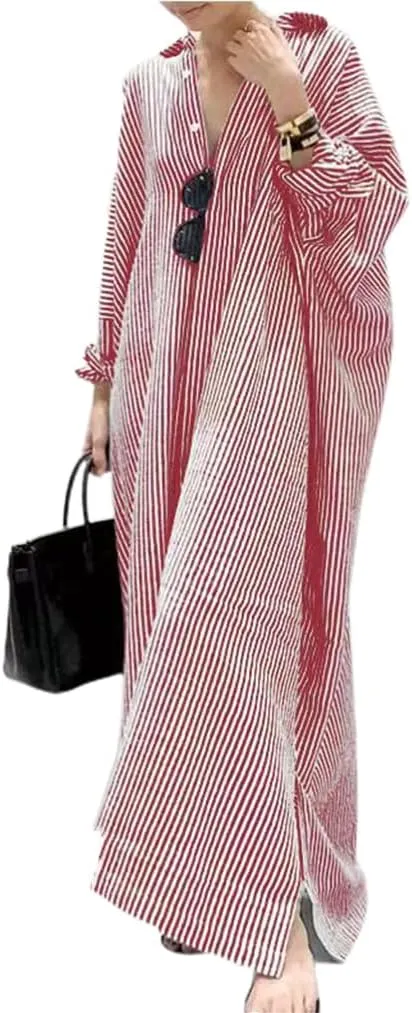 GGUHHU Womens Oversize Casual Maxi Striped Cotton Shirt Dress Loose Button Down Long Blouse Dresses