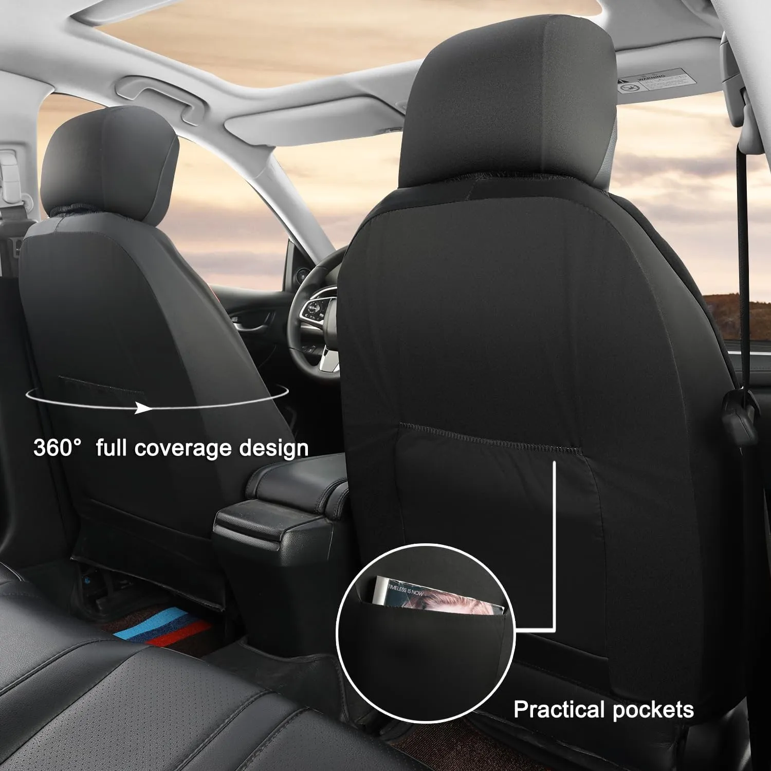 GIANT PANDA Fit Volkswagen Front Seat Covers, Volkswagen Atlas Cross Sport Tiguan Taos ID.4 Jetta GLI Arteon Leather Seat Protectors, Waterproof Durable Accessories, Grey Black (2 Front)