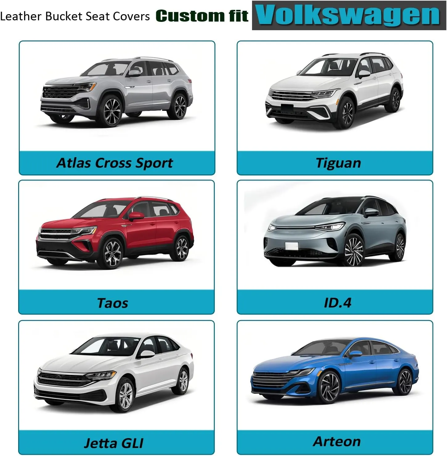 GIANT PANDA Fit Volkswagen Front Seat Covers, Volkswagen Atlas Cross Sport Tiguan Taos ID.4 Jetta GLI Arteon Leather Seat Protectors, Waterproof Durable Accessories, Grey Black (2 Front)