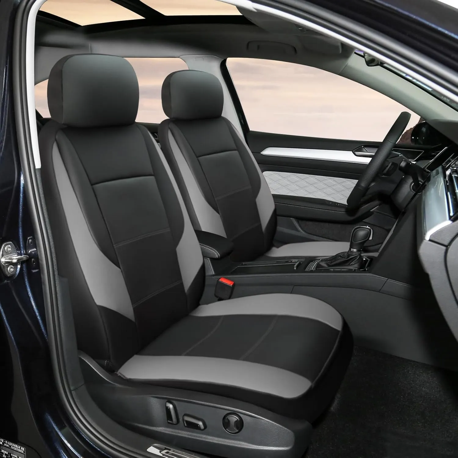 GIANT PANDA Fit Volkswagen Front Seat Covers, Volkswagen Atlas Cross Sport Tiguan Taos ID.4 Jetta GLI Arteon Leather Seat Protectors, Waterproof Durable Accessories, Grey Black (2 Front)