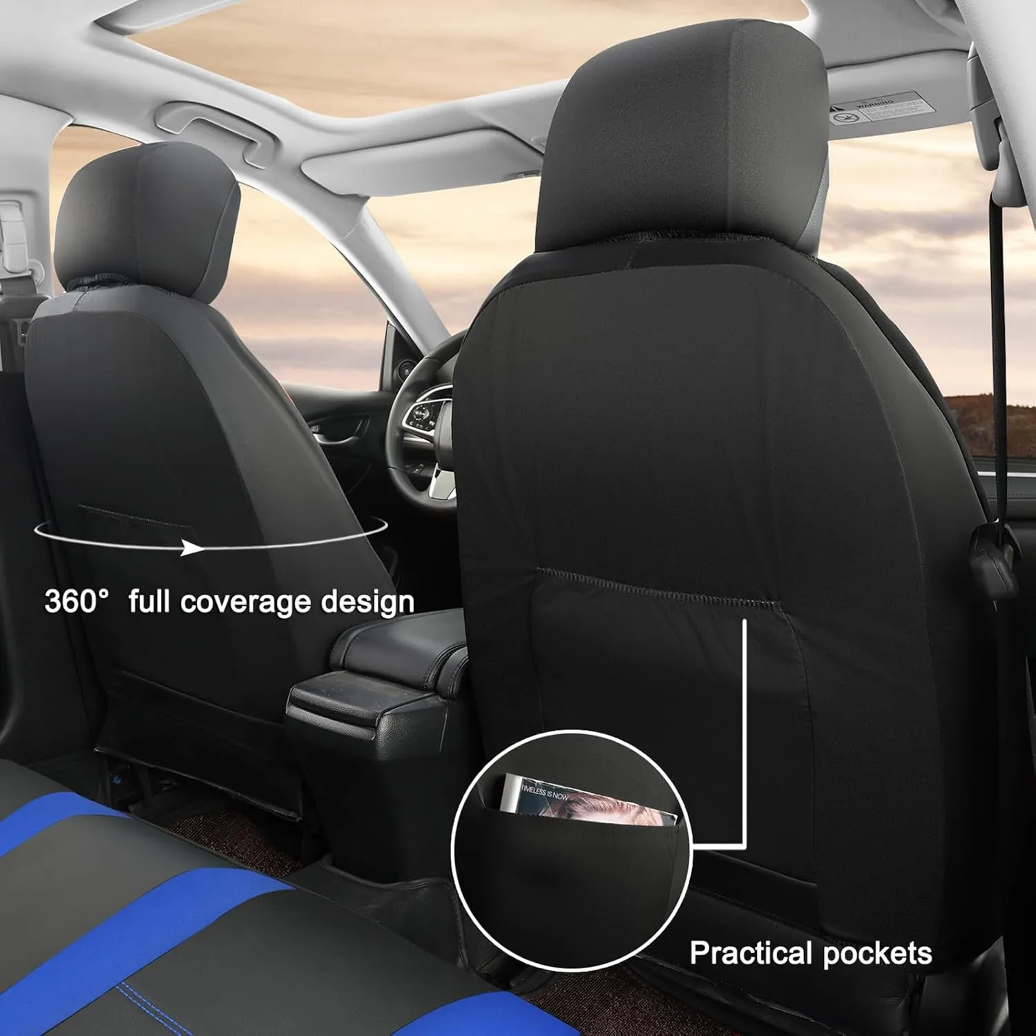 GIANT PANDA Front Car Seat Cover Custom Fit Toyota Tacoma 2016 2017 2018 2019 2020 2021 2022 2023 2024 Double & Crew Cab SR, SR5, Limited, TRD Pro, TRD Sport, TRD Off-Road, Faux Leather (Black Blue)