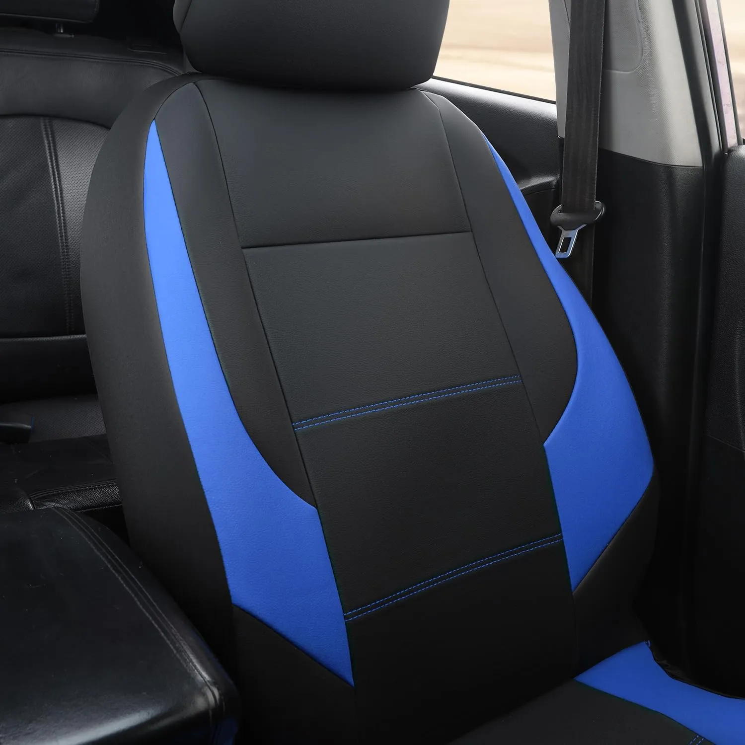 GIANT PANDA Front Car Seat Cover Custom Fit Toyota Tacoma 2016 2017 2018 2019 2020 2021 2022 2023 2024 Double & Crew Cab SR, SR5, Limited, TRD Pro, TRD Sport, TRD Off-Road, Faux Leather (Black Blue)
