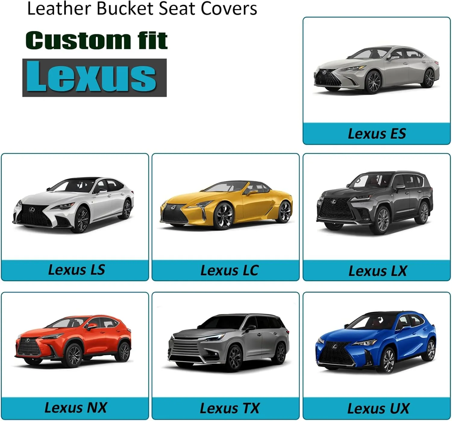 GIANT PANDA Front Car Seat Cover for Lexus, Leather Bucket Seat Covers Custom Fit Lexus RX NX ES UX GX TX is LX LS LC (Grey Black)