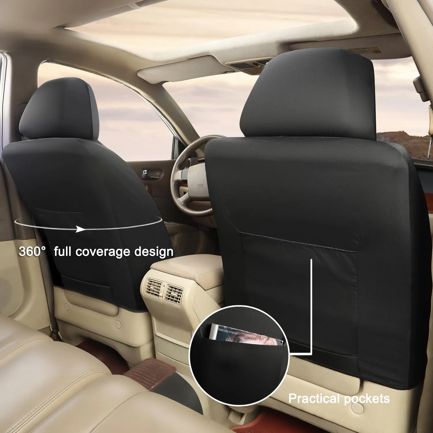 GIANT PANDA Front Seat Cover for Nissan, Leather Seat Protectors Custom Fit Nissan Rogue Altima Sentra Versa Kicks Frontier Murano Pathfinder Maxima (Beige Black)