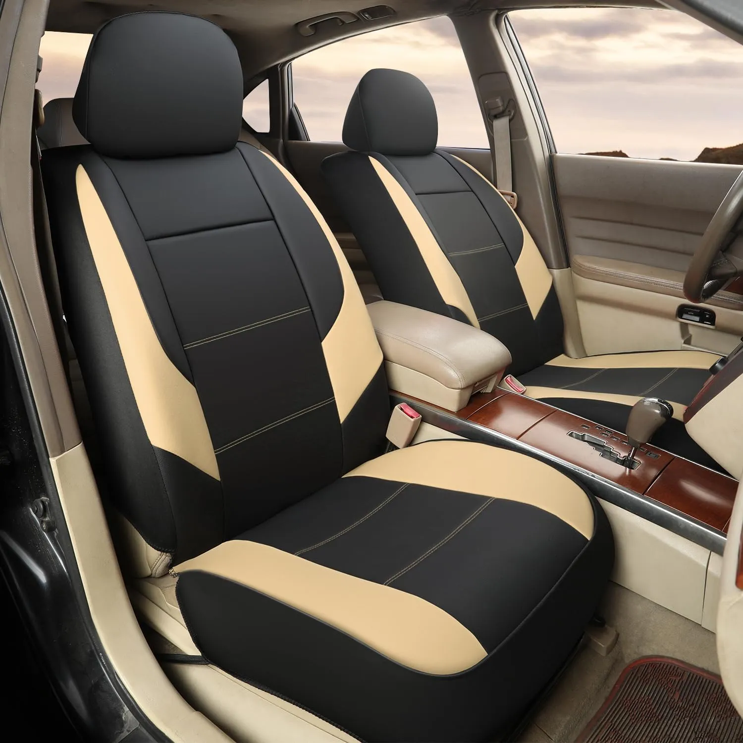 GIANT PANDA Front Seat Cover for Nissan, Leather Seat Protectors Custom Fit Nissan Rogue Altima Sentra Versa Kicks Frontier Murano Pathfinder Maxima (Beige Black)