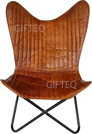 GifteQ Handmade Leather Living Room Chairs Butterfly Chair Tan Side Hand Stitch Leather Butterfly Chair for Relaxing with Powder Coated Folding Iron Frame Vintage Arm Chair Home Décor (Padded Brown)