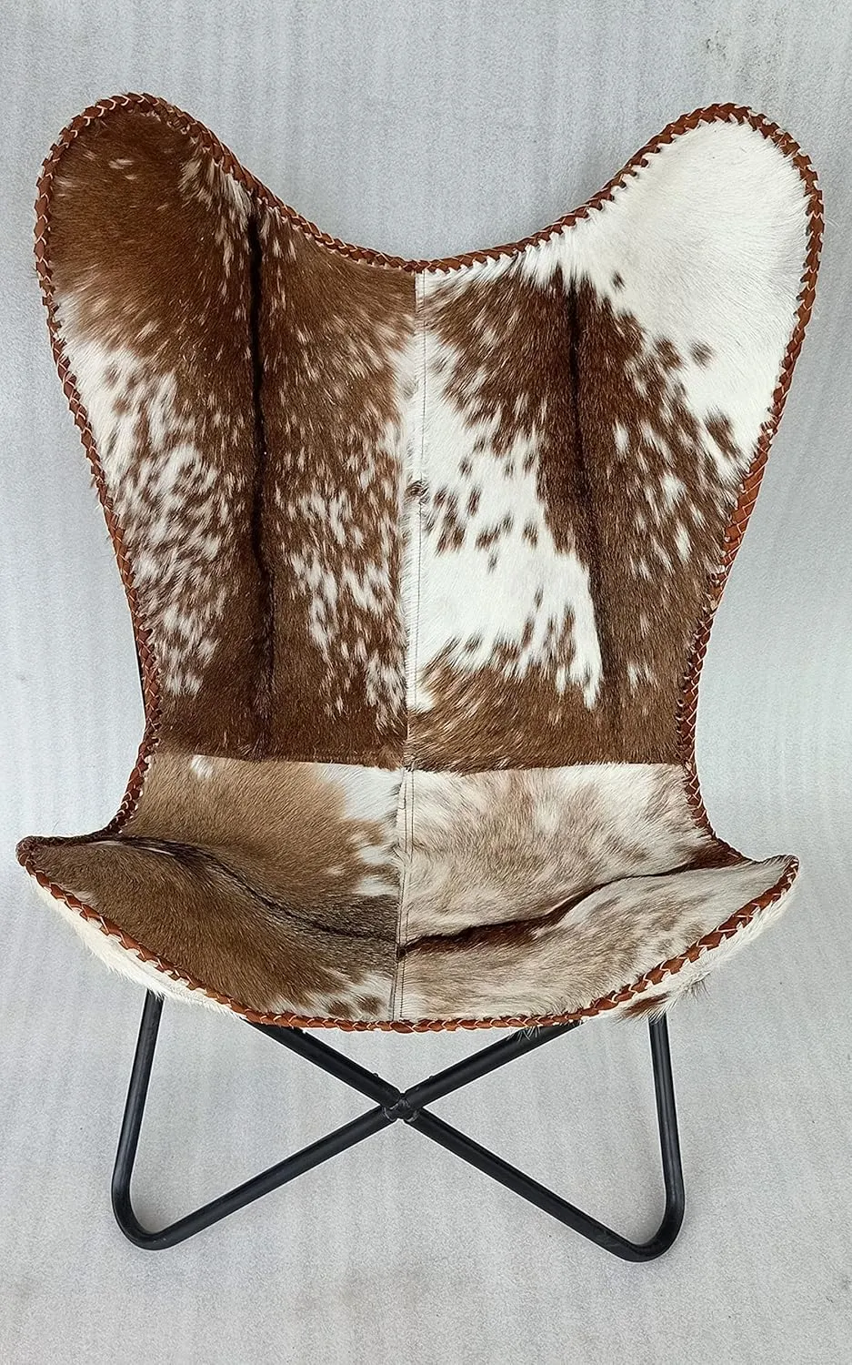 GifteQ Leather Butterfly Chair for Living Room for Adults Cow Print/Cowhide Western Accent Chair for Relaxing with Foldable Iron Frame Brown Boho Alite Chair For Home Decor (Hairon White & Dark Brown)