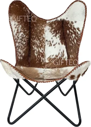 GifteQ Leather Butterfly Chair for Living Room for Adults Cow Print/Cowhide Western Accent Chair for Relaxing with Foldable Iron Frame Brown Boho Alite Chair For Home Decor (Hairon White & Dark Brown)
